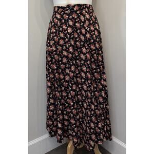 Vintage 90s Floral Button Front MaxiSkirt Black Red Ditsy Print A-Line Lg